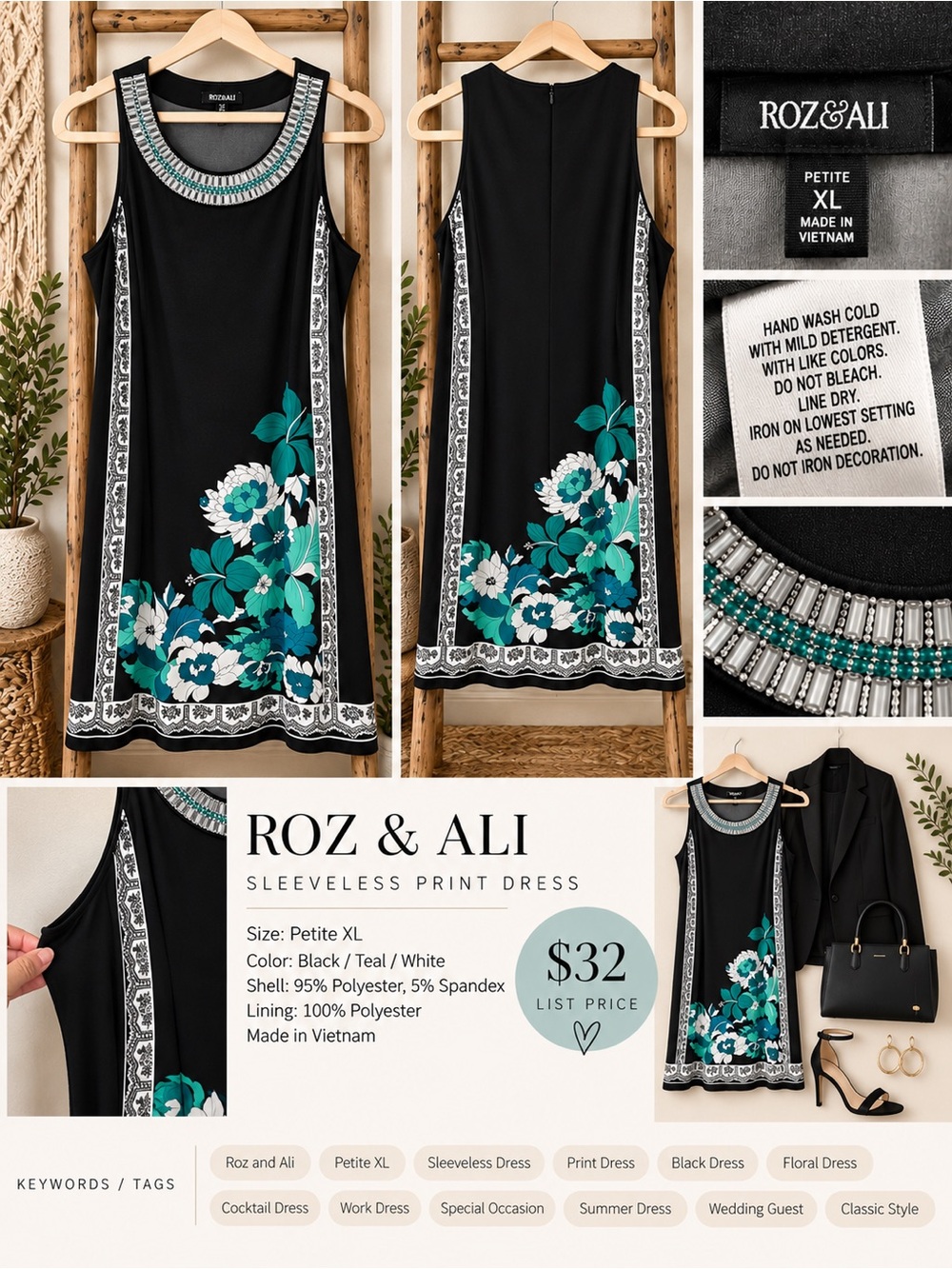 Roz & Ali Black Teal White Beaded-Neck Floral Shift Dress Size XLP